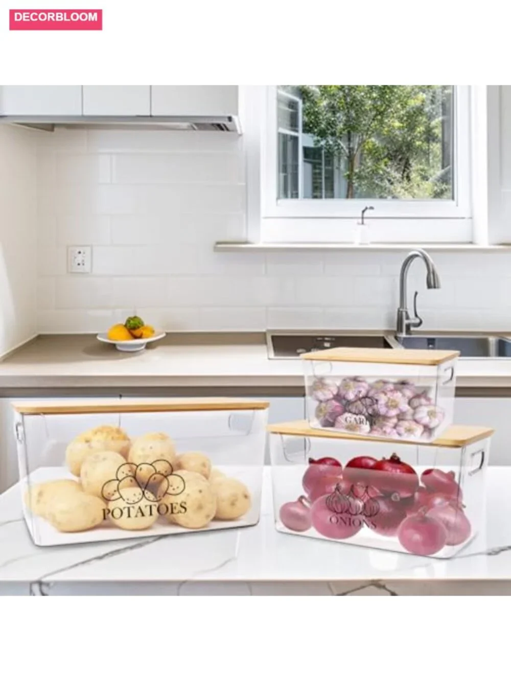 Clear Acrylic Food Storage Bins with Bamboo Lids, Set of 3 for Potato Onion